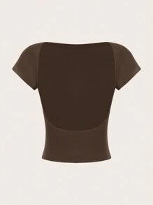 SHEIN EZwear 2 件杏色和棕色性感露背圆领短袖短款修身女式 T 恤，适合夏季 - 彩色 - 查看 4