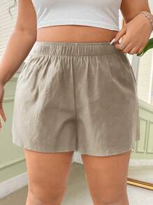 SHEIN EZwear Pantalones cortos de lino de cintura elástica de unicolor y talla grande