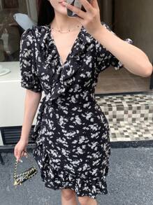 DAZY Women Short Floral Wrap Summer Dress Sundress Vacation Outfits Women Easter - Black - View 1