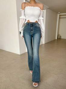 DAZY Blusa da donna con spalle scoperte e maniche lunghe, adatta per l'abbigliamento quotidiano e le vacanze primaverili/estive - Bianco - Visualizzare 8