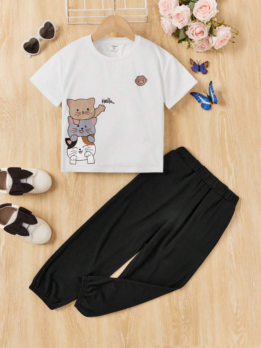 青少女城市時尚春夏款針織圓領短袖套裝 - 黑與白 - 查看 1