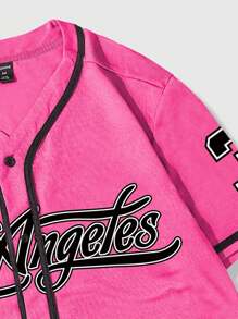 ROMWE MEN Prep Men's Letter Print Short Sleeve Baseball Shirt, School - Hot Pink - View 5