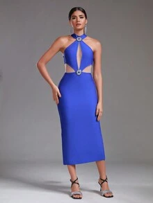 Modphy Women's Fashionable Sexy Backless Bodycon Long Hollow-Out Bandage Blue Celebrity Party Dress - Royal Blue - View 1