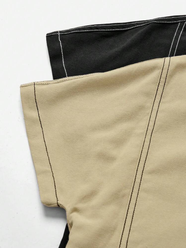 2pcs/Set Young Boy Casual Sporty Street Style Short Sleeve Shirt With Decorative White Line Collar And Drop Shoulder, Includes 1pc Black Shirt And 1pc Beige Shirt, Suitable For Daily Wear, School, Sports And Spring/Summer Seasons