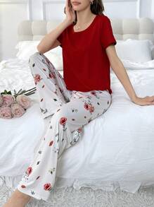 Solid Color Short Sleeve Top And Printed Long Pants Pajama Set Bridallingerie