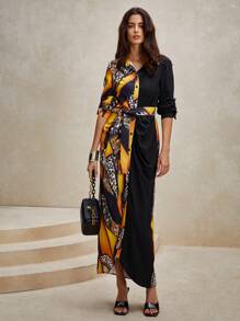Anewsta Patchwork Printed Roll Tab Sleeve Belted Waist Midi Dress - Multicolor - View 5