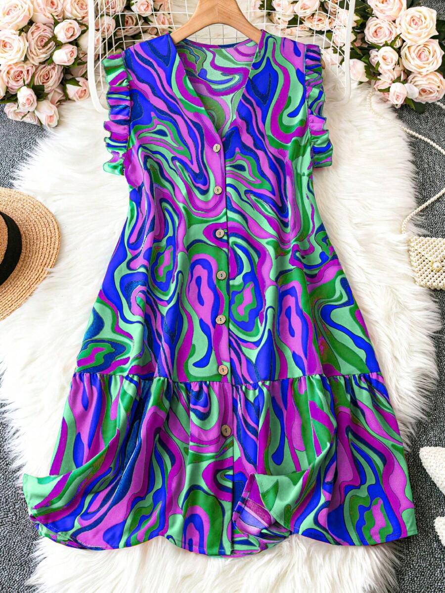 Plus Size V-Neck Floral Print Ruffle Trim Party Fashion Dress