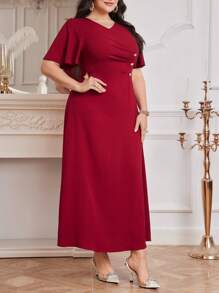 Modelyn Burgundy Red Women Solid Color Simple Daily Plus Size Dress,Elegant Evening Party Dress Long Evening Dresses