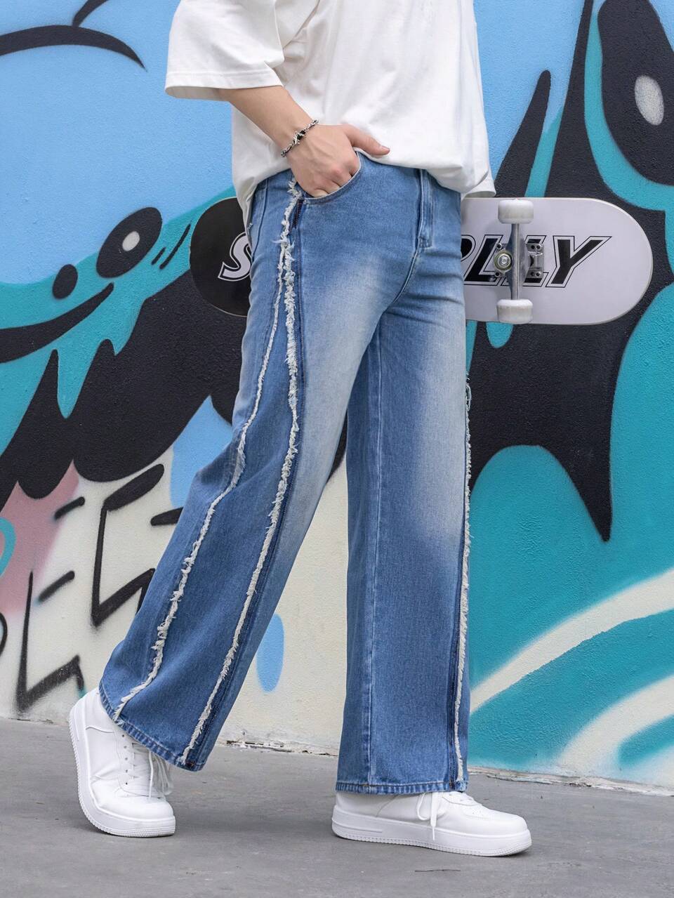 Teen Boy New Casual Fashionable Stitching With Whiskers Design Washed Denim Straight Jeans