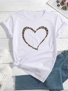 SHEIN Essnce 女士豹紋印花極簡圓領T恤 - 白色 - 查看 1