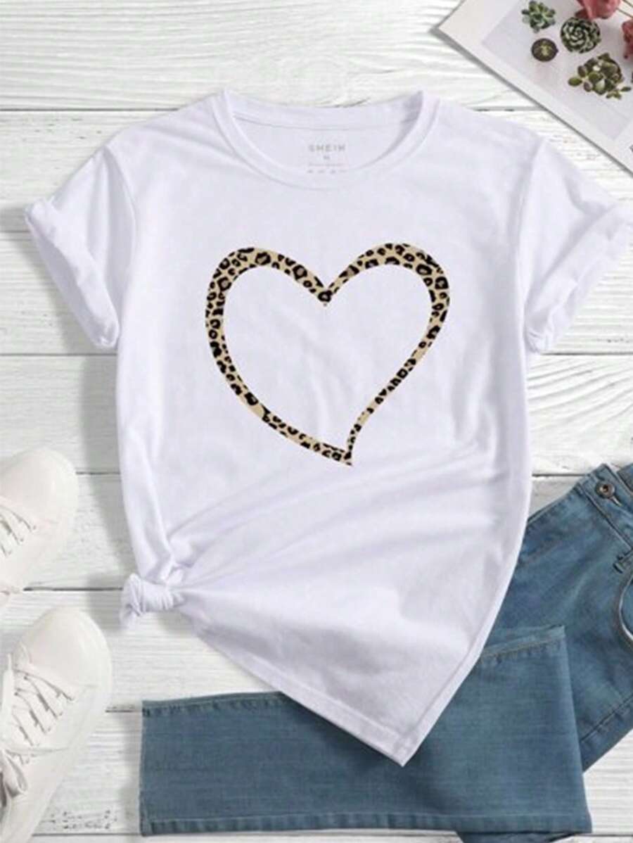 SHEIN Essnce 女士豹紋印花極簡圓領T恤 - 白色 - 查看 1