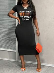 Slaydiva Casual Summer Black Don't Ruin My Mood Printed Round Neck Short Sleeve Bodycon Long Dress