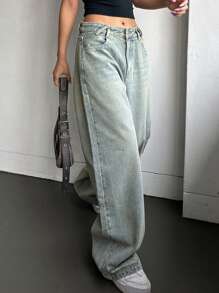 DAZY Quần Jeans Ống Loe Cạp Cao Cho Nữ Có Khóa Kéo, Quần Jeans Rộng - Rửa nhẹ - Xem 4