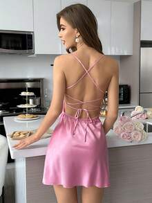 Camisón de satén para mujer con contraste de encaje y espalda cruzada - Rosa - Ver 5