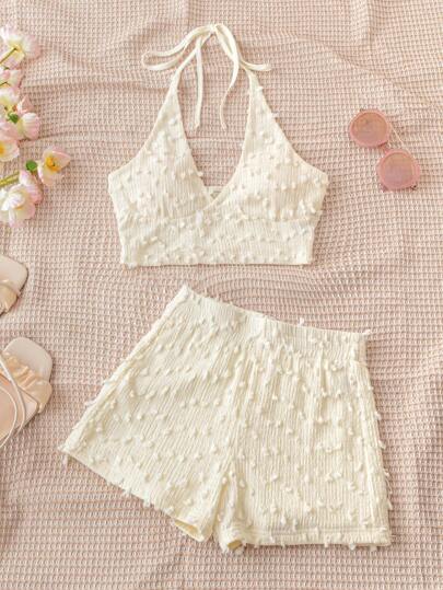 Soleia WYWH Vacation Women Summer Casual Beach White Polka Dot Crochet Texture V-Neck Halter Top & Elastic Waist Shorts 2 Pieces Set