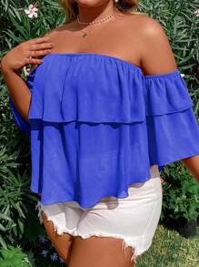 Breezaya Plus Size Women Summer Solid Color Off Shoulder Loose Blouse With Ruffled Hem - Blue - View 5