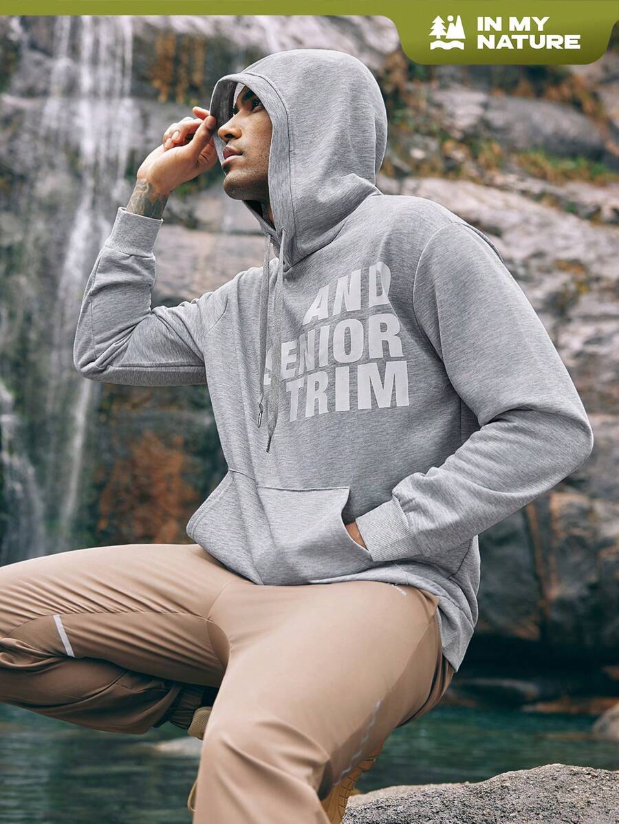 In My Nature Men's Letter Printed Drawstring Hooded Outdoor Sports Sweatshirt - Dark Grey - View 1