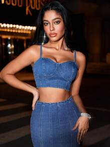 SHEIN BAE Denim Darling Cropped Bustier&Concert Outfits&Summer Tops&Summer Clothes&Beach Women Outfits&Festival Outfits - Blue - View 4