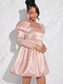 L'Amorae Gigot Sleeve Bubble Hem Satin Dress