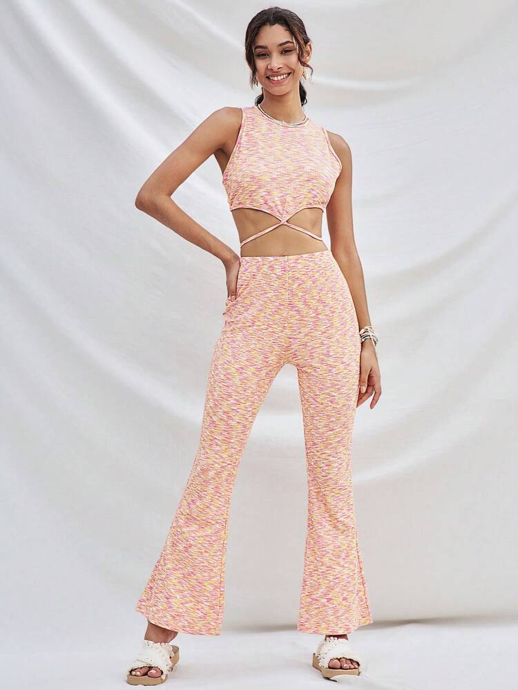 WYWH Women Beach Vacation Casual Colorful Pitted Rib Knit Texture Elastic Waist Flared Long Pants