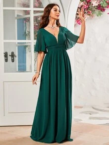 Robe De Demoiselle D'honneur Avec Design De Mousseline Plissée Et Bande De Taille - Vert sapin - Voir 7