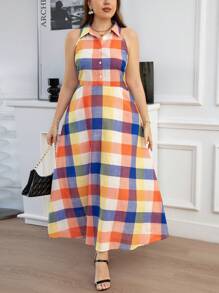 SHEIN Clasi 格紋圖案的大尺碼女款無袖襯衫連身裙 - 彩色 - 查看 4