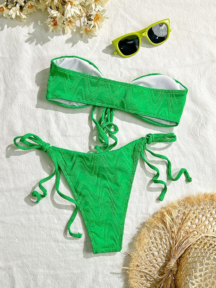 Women Solid Color Bandeau Bikini With Separated Bottom Summer Swimwear