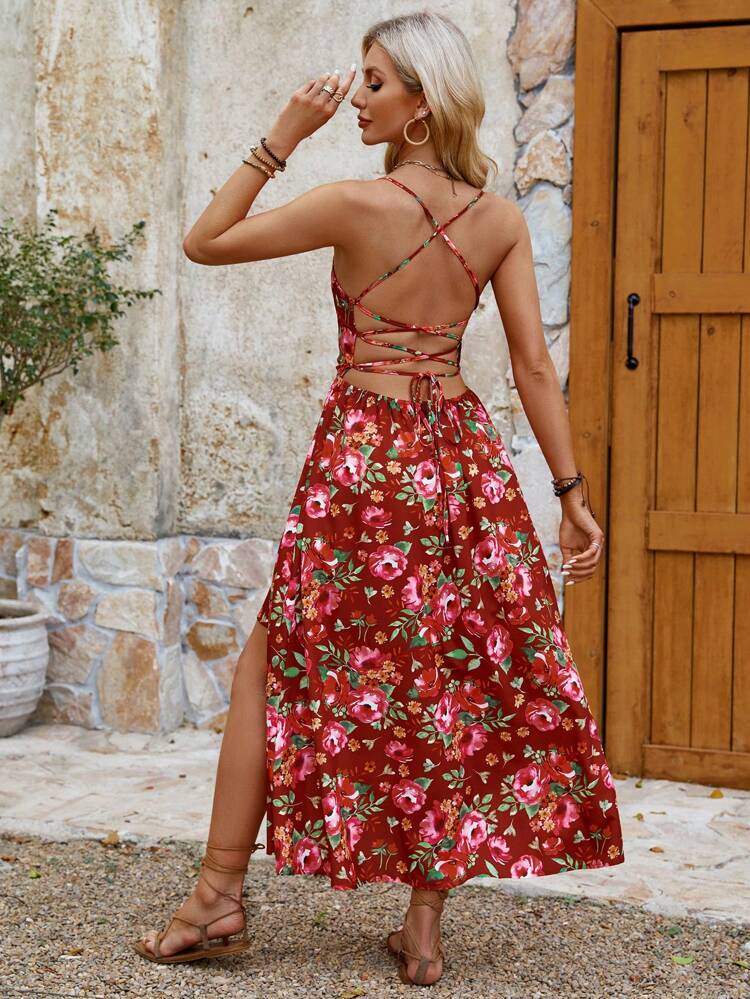 All Over Print Spaghetti Strap Summer Split Dress