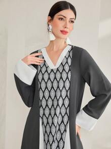 Al Najma Color Block V-Neck Loose Casual Long Sleeve Dress - Dark Grey - View 3