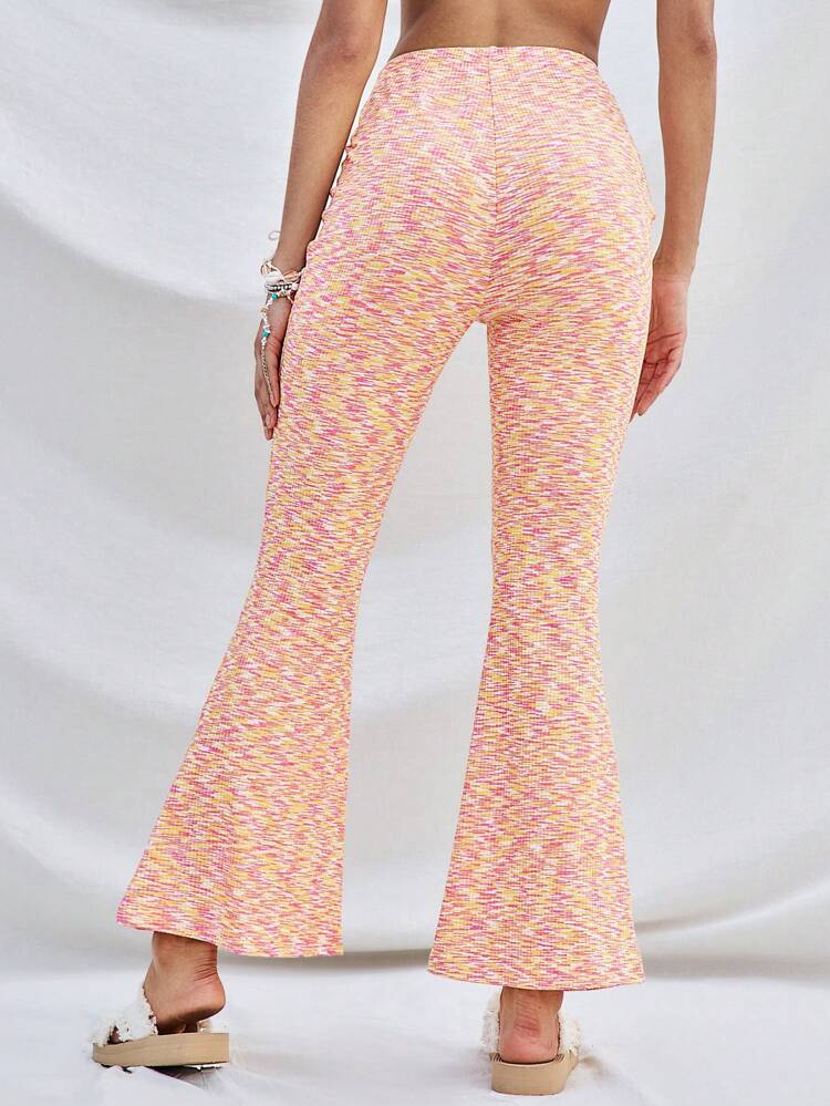WYWH Women Beach Vacation Casual Colorful Pitted Rib Knit Texture Elastic Waist Flared Long Pants