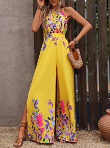 EMERY ROSE Women Printed Jumpsuit With Spaghetti Straps For Stylish Spring/Summer Vacation Outfit - Yellow - View 4