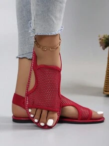Women Summer White Flat Sandals Mesh Hollow Out Slip-On Fashionable Slouchy Shoes With Elastic Strap
