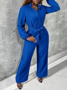 Slaydiva Elegante mono de mujer unicolor con cinturón de cinturilla abotonada frontal y estilo para trabajar - azul real - Ver 4