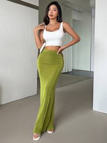 Firerie 女士簡約優雅綠色低腰超長長裙，適用於夏季度假約會