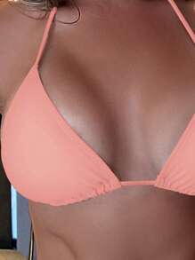 SHEIN Swim 纯色露背夏季海滩休闲时尚细肩带比基尼上衣 - 珊瑚粉 - 查看 3