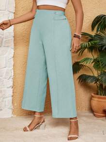 Celure Plus Size Women Plain High Waist Button Decor Toothpick Wide Leg Pants Of Chic Style