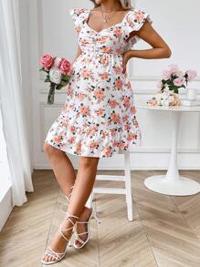 Vestido Floral de Maternidad con cuello de corazón, volantes y dobladillo asimétrico para vacaciones de verano - Naranja Coral - Ver 4