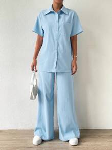 Chiquease Women Plain Color Splicing Pocket Drop Shoulder Loose Short Sleeve Shirt And Wide Leg Pants Two Pieces Set, Spring/Summer - Blue - View 6