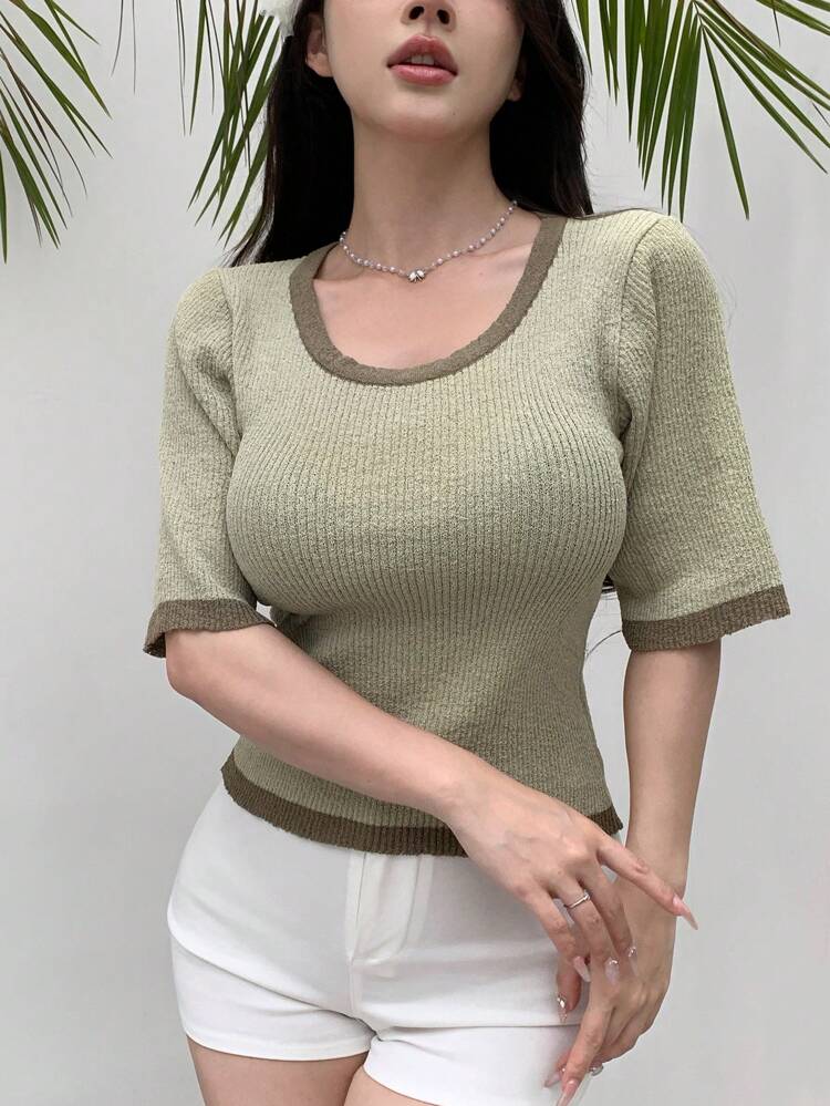 Ladies" Short Sleeve Knitted Top With Color Block And Patchwork Design Easter