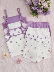 Young Girl 8 Pieces Set Floral Pattern Underwear Suit - Multicolor - View 6