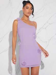 L'Amorae Vestido Bodycon Feminino Com Apliques Florais De Um Ombro - Lavanda - Visão 1
