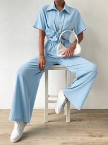 Chiquease Women Plain Color Splicing Pocket Drop Shoulder Loose Short Sleeve Shirt And Wide Leg Pants Two Pieces Set, Spring/Summer - Blue - View 3