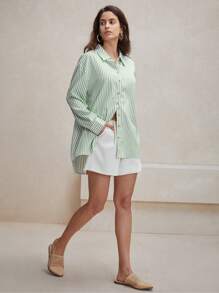 Anewsta Green Striped Loose And Comfortable Commuting Shirt