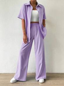Chiquease Áo Sơ Mi Nữ Tay Ngắn Có Túi Và Quần Ống Rộng Hai Mảnh Màu Trơn Cho Mùa Xuân Và Mùa Hè - Màu tím - Xem 1