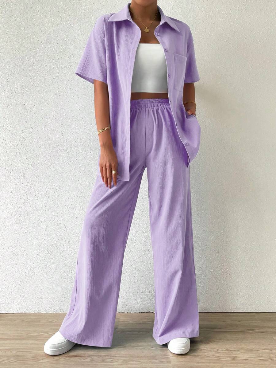Chiquease Áo Sơ Mi Nữ Tay Ngắn Có Túi Và Quần Ống Rộng Hai Mảnh Màu Trơn Cho Mùa Xuân Và Mùa Hè - Màu tím - Xem 1
