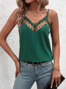 SHEIN Clasi 女性網眼花邊拼接細肩帶背心上衣 - 綠色 - 查看 1