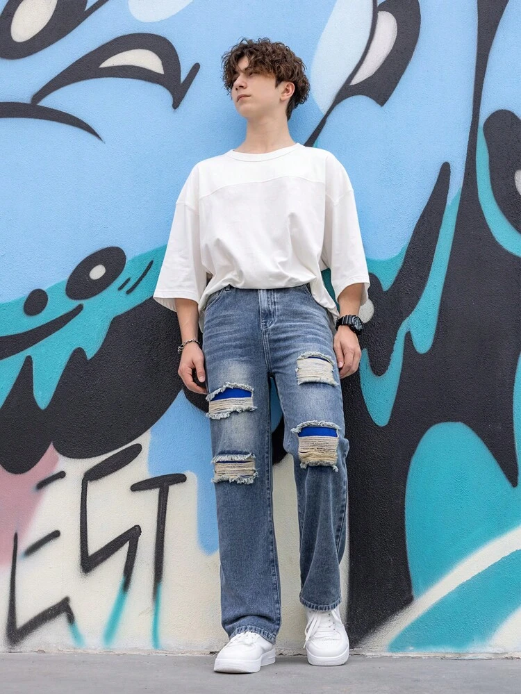 New Teen Boys' Casual, Fashionable, Retro, Vintage, Distressed Patchwork, Waterwashed, Straight-Leg, Jeans With Rips
