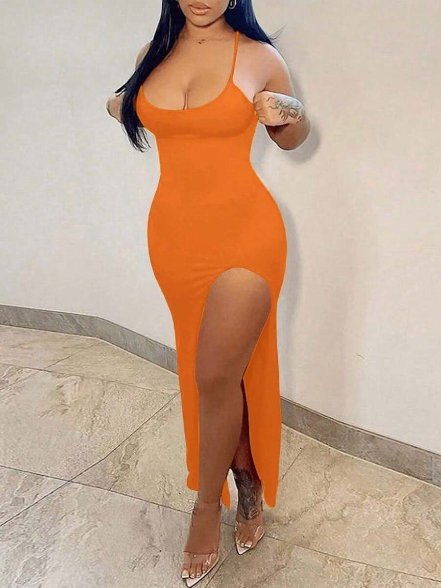 Slaydiva Yellow High-Slit Spaghetti Strap Dress - Orange - View 1