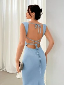 Aloruh Đầm đuôi cá hở lưng thanh lịch mùa hè - Màu xanh lam - Xem 5