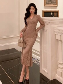 Đầm dạ hội cổ chữ V khoét sâu thanh lịch dành cho nữ, Đầm thu - Màu Khaki - Xem 5